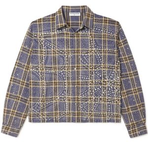 Front view of VALE FOREVER Moonlight Flannel shirt in navy and mustard plaid with scattered white embellishments